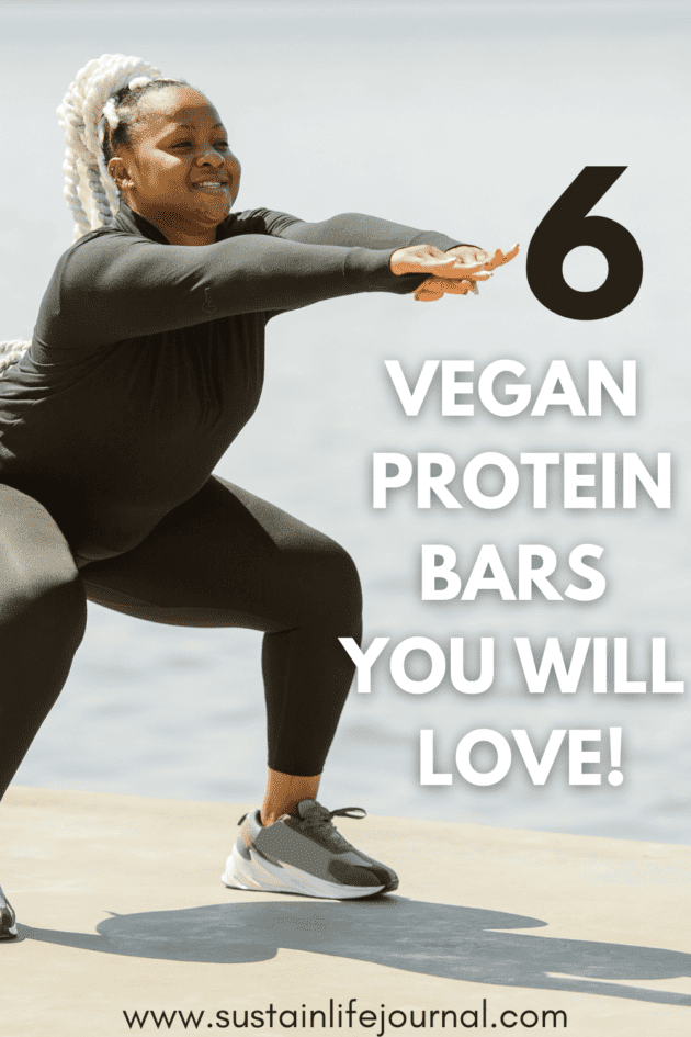 A black woman working out and texts that describe vegan protein bars