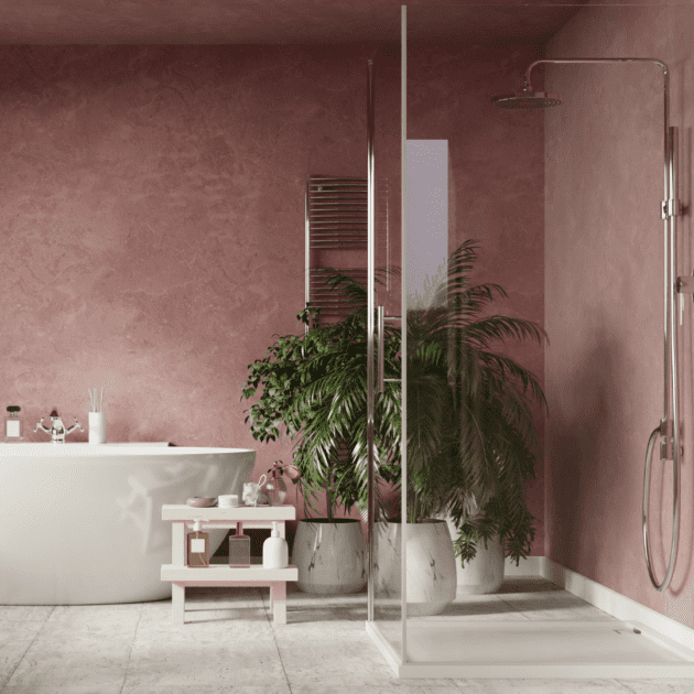 A minimalist bathroom with plants in the shower that is an eco friendly decor element