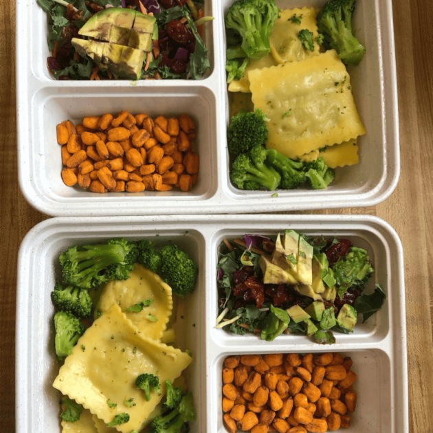 Ravioli and corn and salad for plant based meal prep