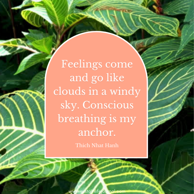Mindfulness quote in front of Hawaiian leaves