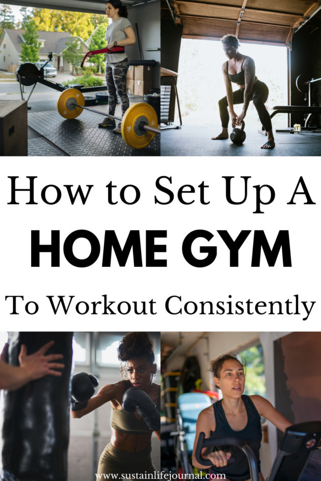 four photos of people working out at home in their organized home gym