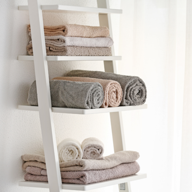 Large towels and small towels rolled up on a towel storage system over a toilet
