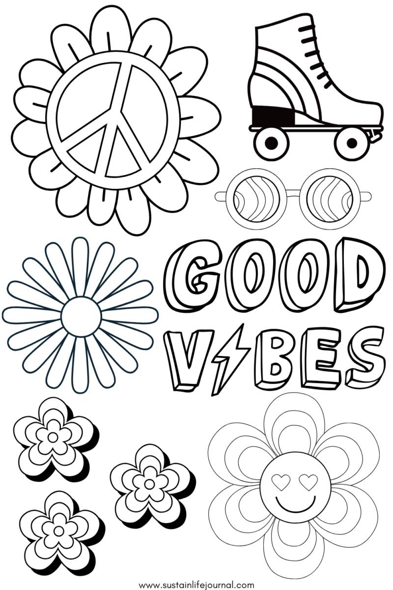 retro coloring page with flowers, peace signs, retro glasses, and roller skates