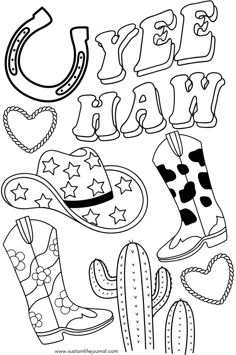 a free printable with a cow girl hat, cow girl boot, lasso and cactus for a coloring sheet