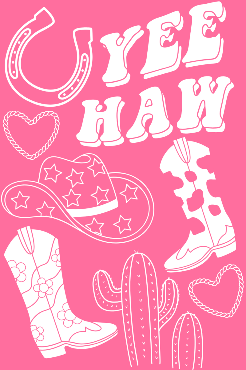 a free hot pink printable with a cow girl hat, cow girl boot, lasso, and cactus for a coloring sheet