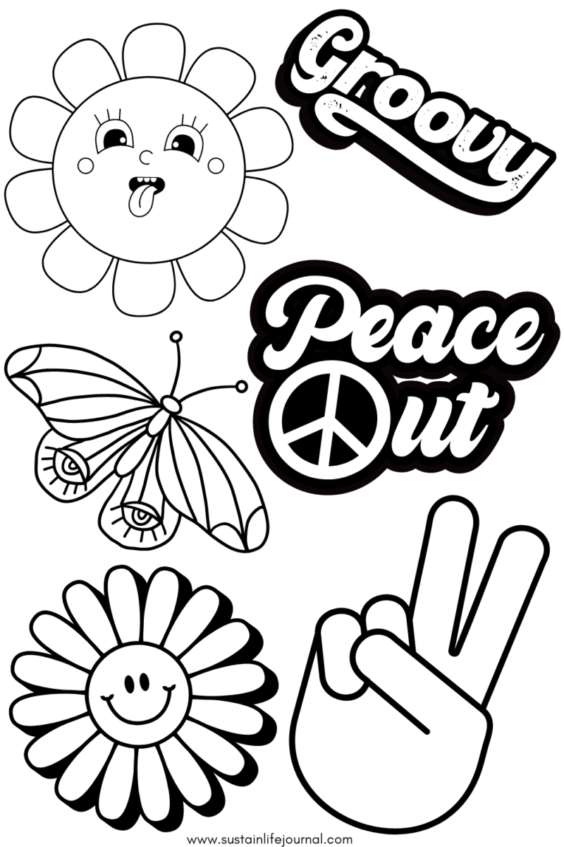 70s wall art with bright colors showing peace out, groovy, butterfly, peace sign and sunshine