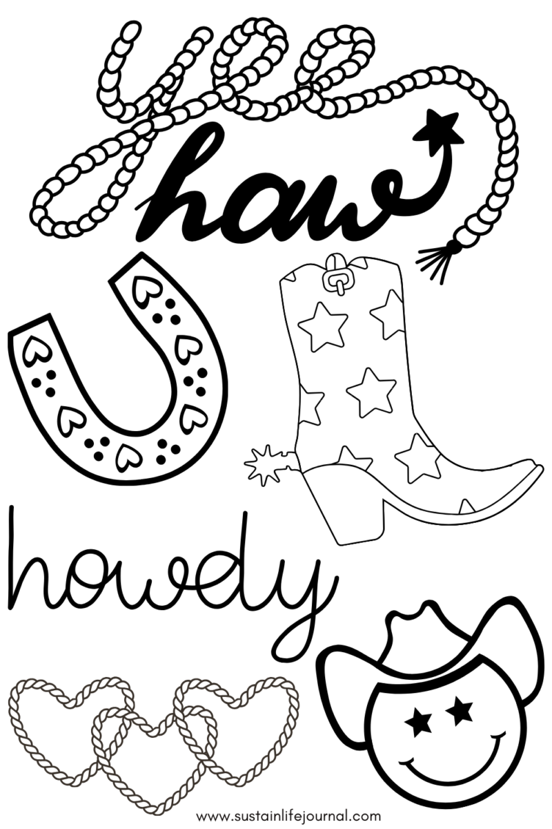 western cow girl coloring sheet with a cow girl boot, howdy, yeehaw, horseshoe, cowgirl hat