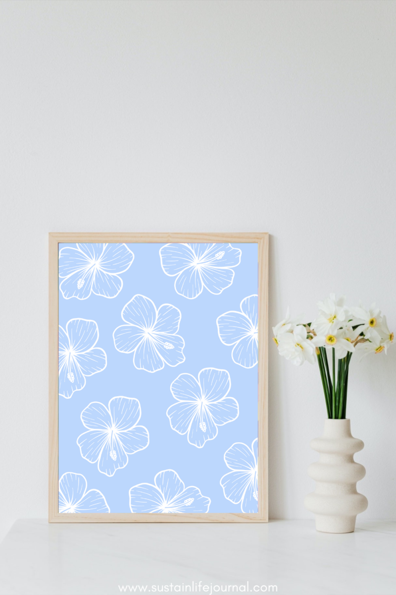 light blue hibiscus wall print for coastal wall decor