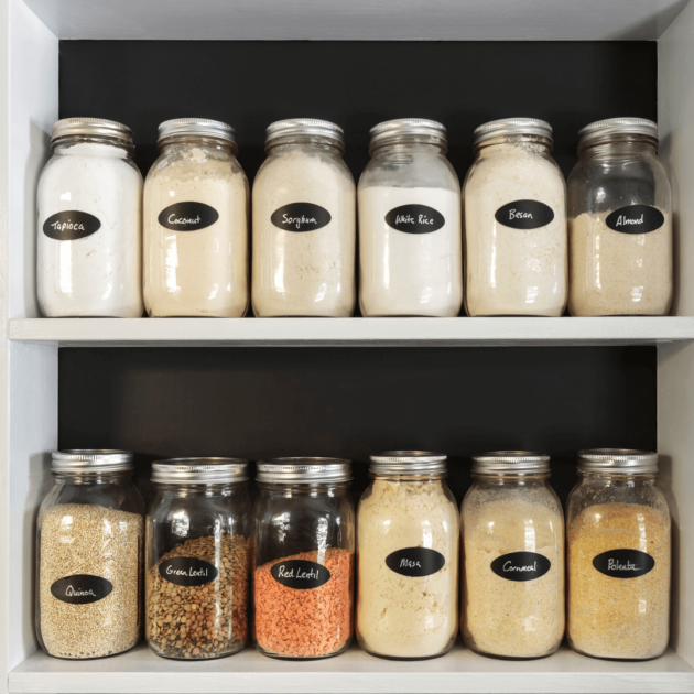 clear containers with labels. More specifically, mason jars holding dry goods