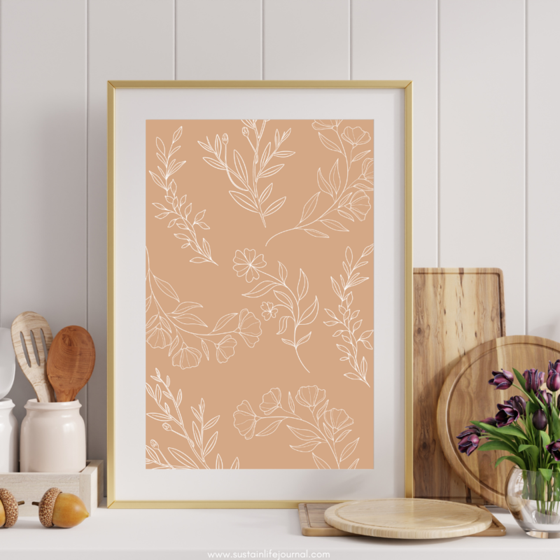 tan botanical farmhouse wall art in a farmhouse kitchen