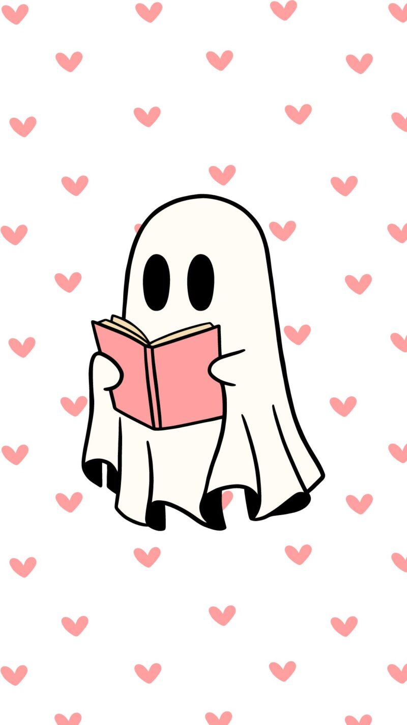 cute reading ghost with pink hearts