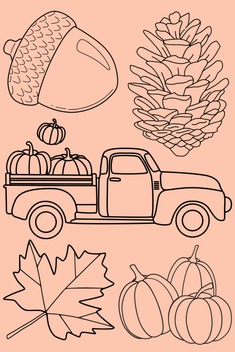 fall coloring page with fall leaves, pumpkins, acorn and pinecone