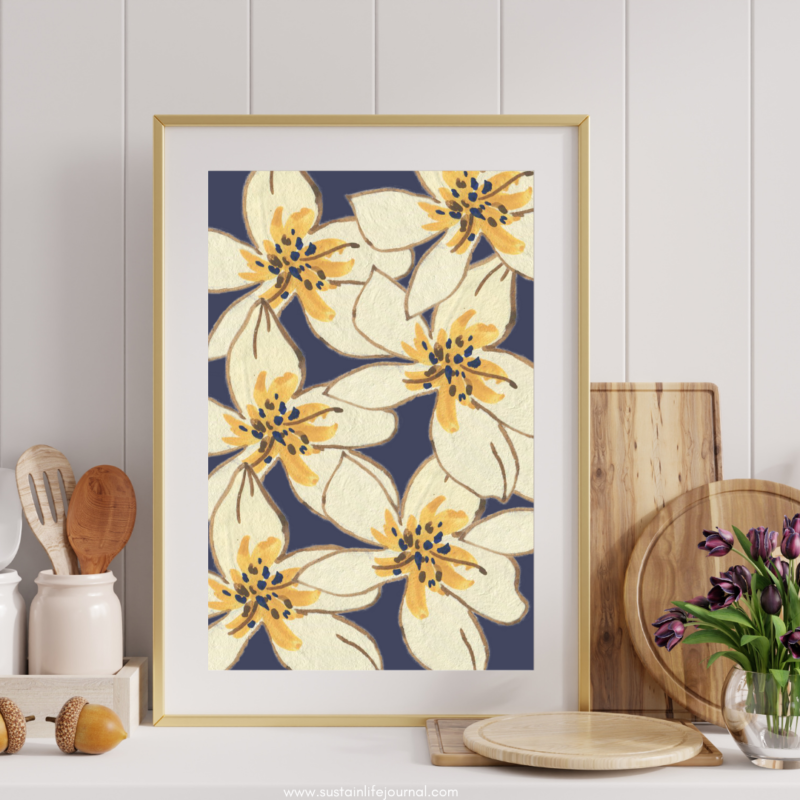 floral farmhouse wall art in a farmhouse kitchen