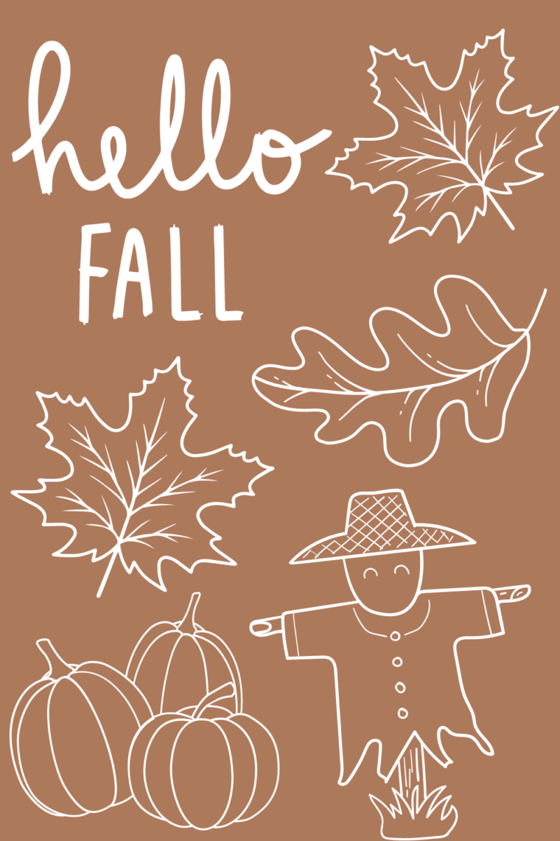 hello fall coloring page with fall leaves, pumpkins, scarecrow