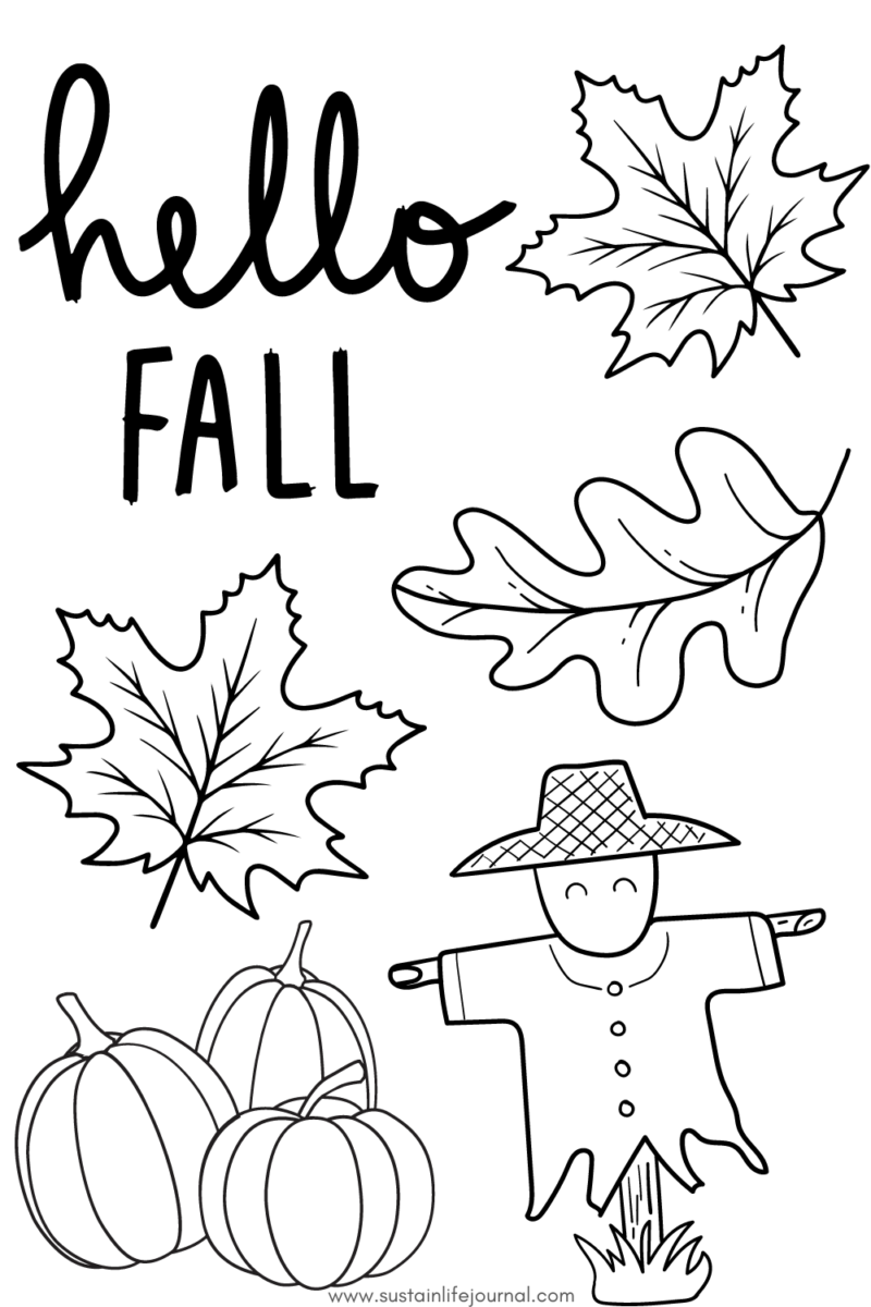 hello fall coloring page with fall leaves, pumpkins, scarecrow