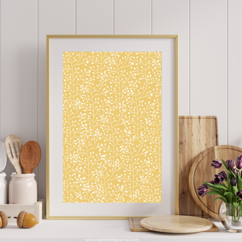 yellow botanical farmhouse wall art in a farmhouse kitchen