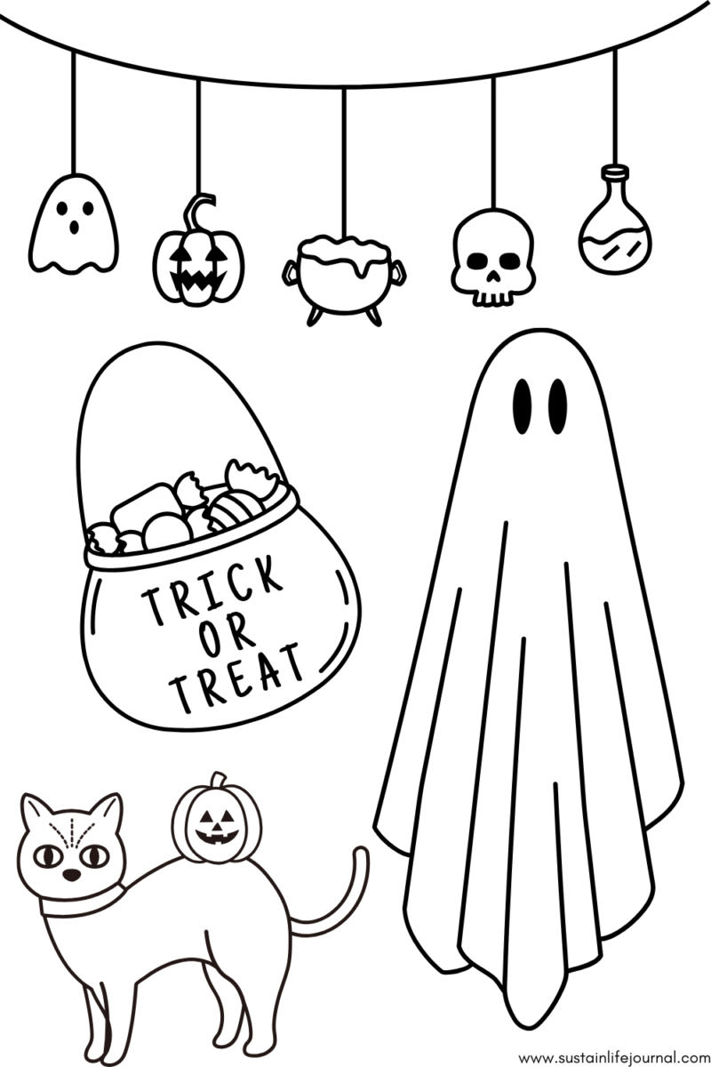 Trick or treat, spooky cat, ghost coloring page